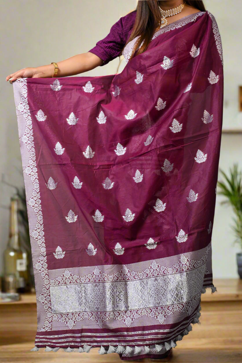 Assam Handmade Magenta & White Mix Pat Silk Mix Sarees